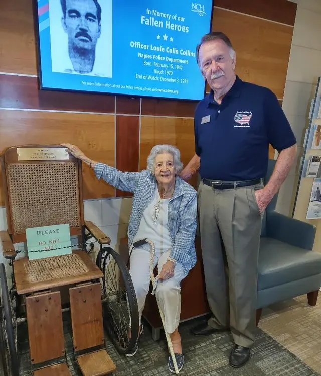 Joe McVay, museum Board of Director, presenting 1950’s all wood wheelchair to Thelma Hodges who was NCH pioneer nurse in the early 50’s
